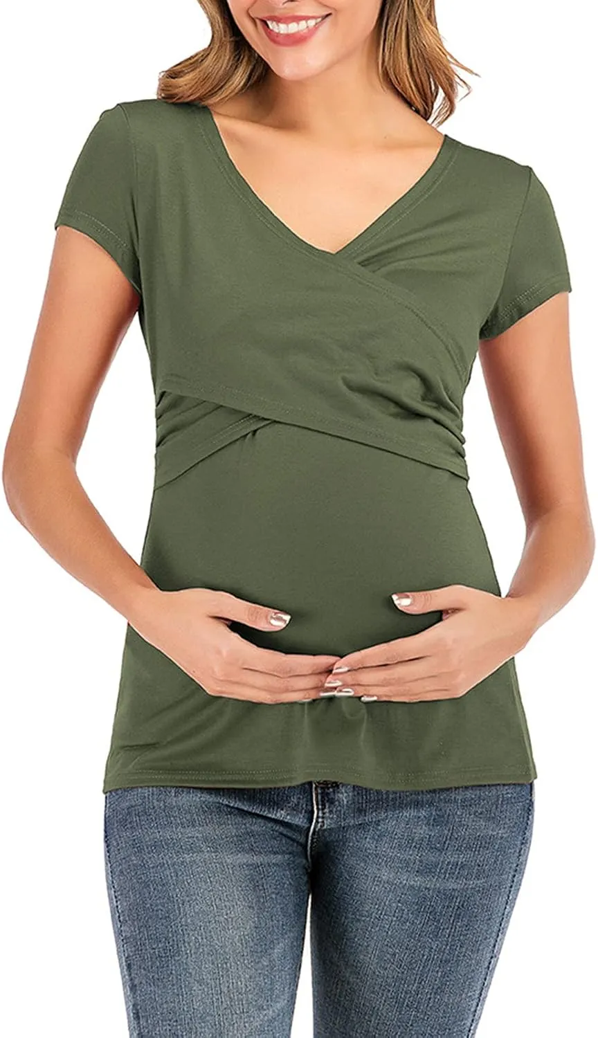 Women's Maternity Solid T-Shirt Short Sleeve Vneck Wrap Cross Nursing Tee Top Pregnancy Shirt Casual Mama Clothes