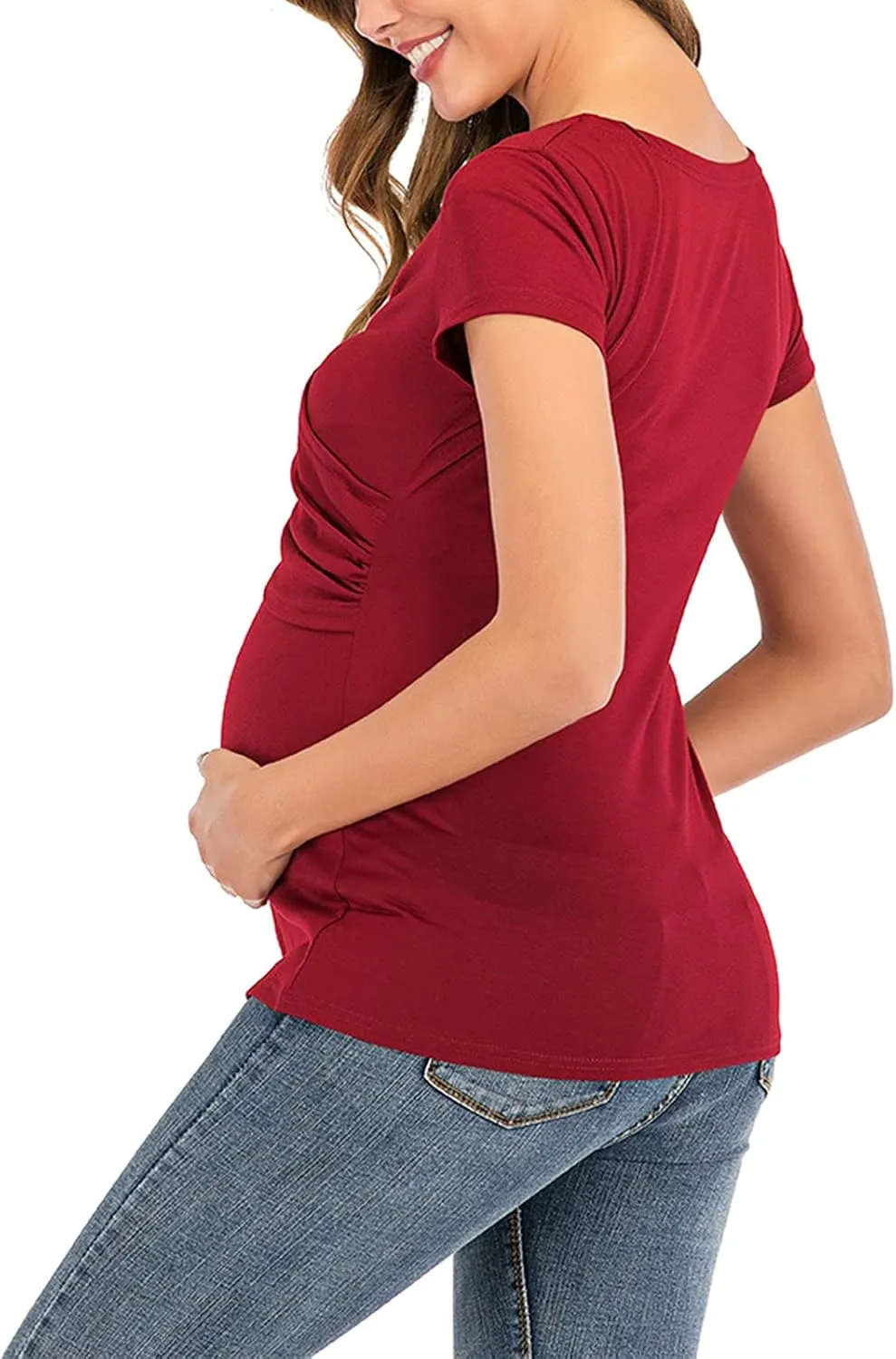 Women's Maternity Solid T-Shirt Short Sleeve Vneck Wrap Cross Nursing Tee Top Pregnancy Shirt Casual Mama Clothes