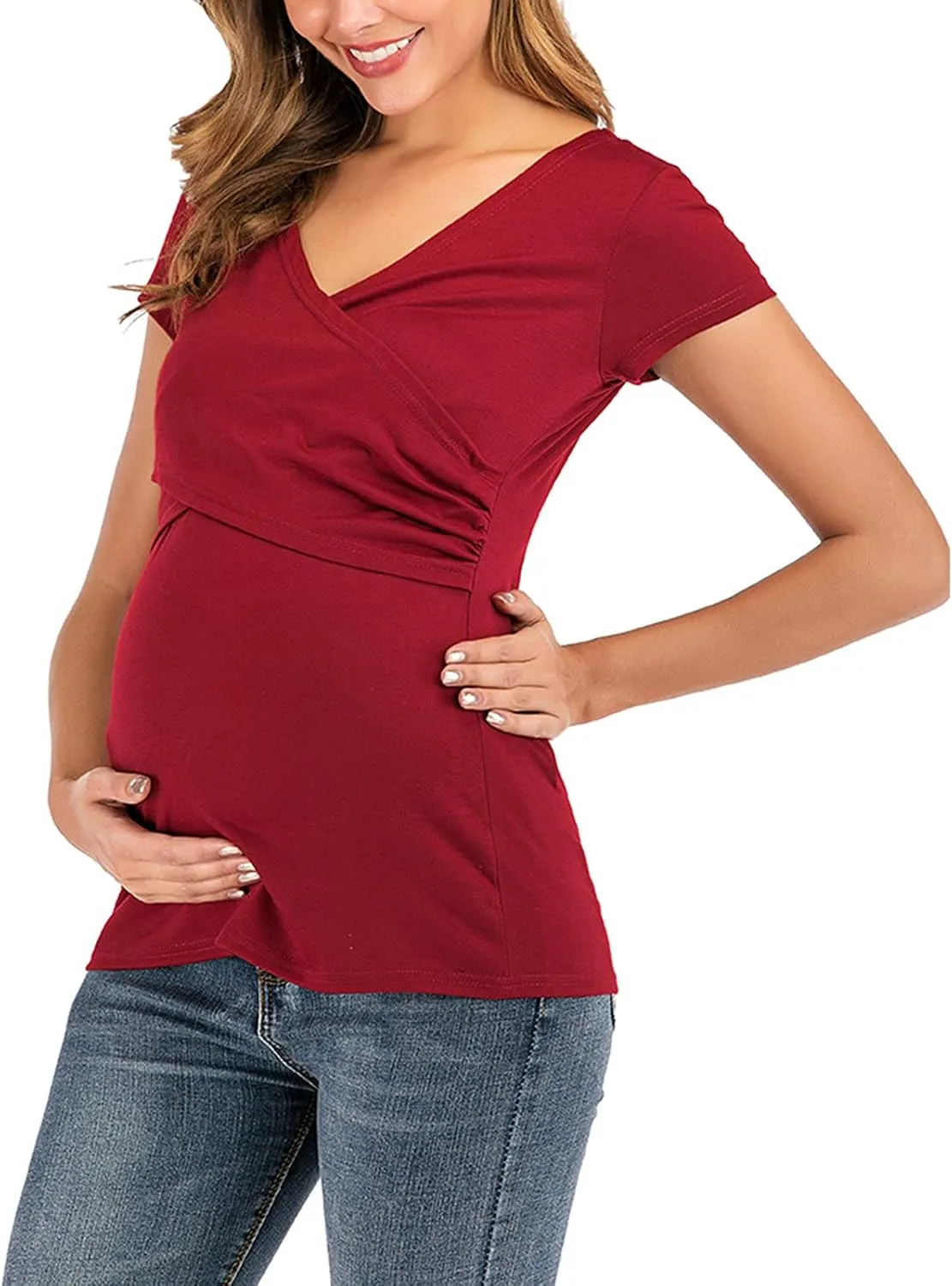 Women's Maternity Solid T-Shirt Short Sleeve Vneck Wrap Cross Nursing Tee Top Pregnancy Shirt Casual Mama Clothes