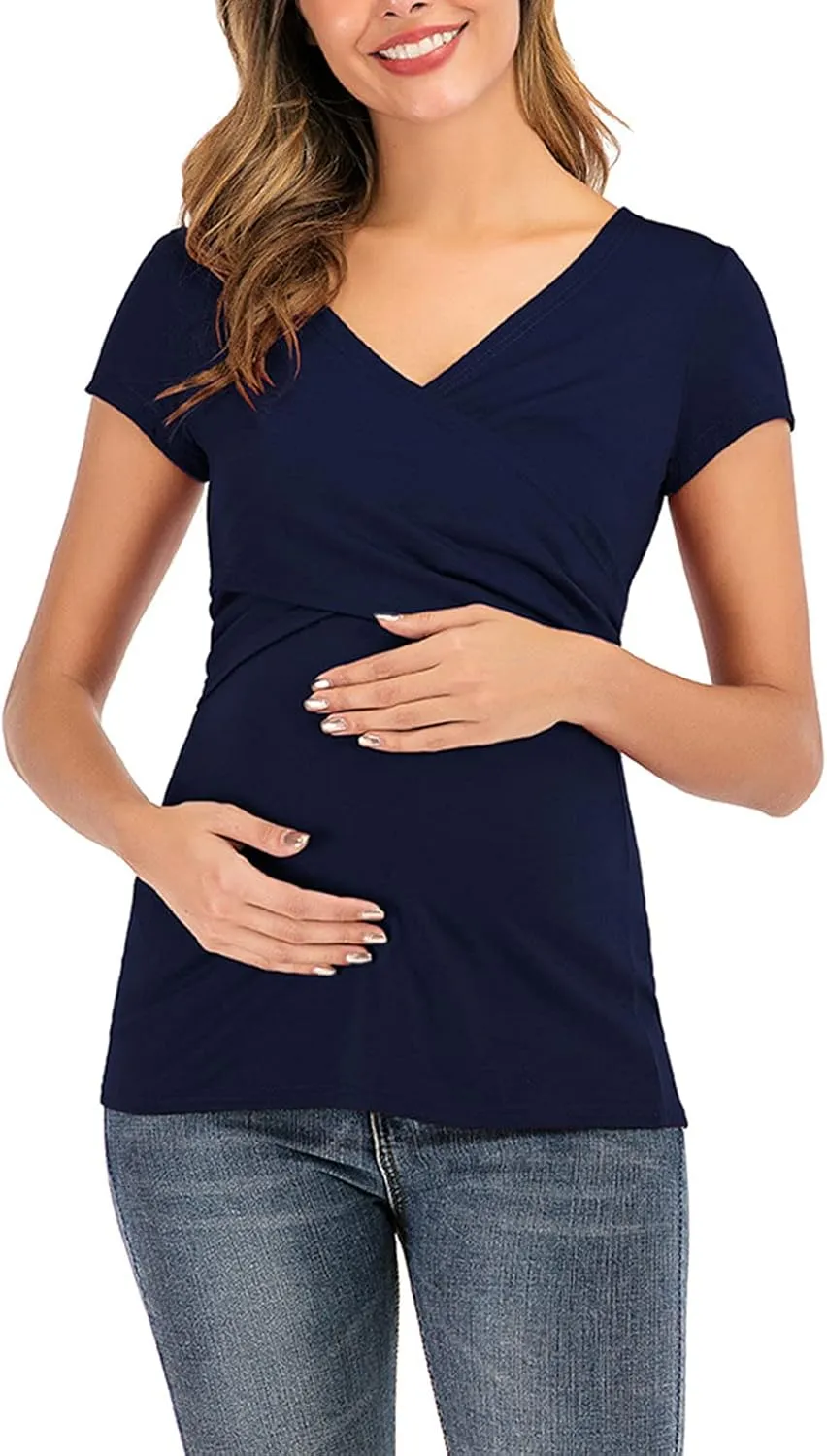 Women's Maternity Solid T-Shirt Short Sleeve Vneck Wrap Cross Nursing Tee Top Pregnancy Shirt Casual Mama Clothes