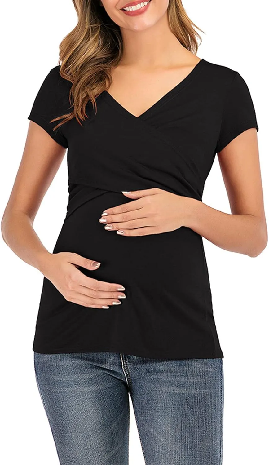 Women's Maternity Solid T-Shirt Short Sleeve Vneck Wrap Cross Nursing Tee Top Pregnancy Shirt Casual Mama Clothes