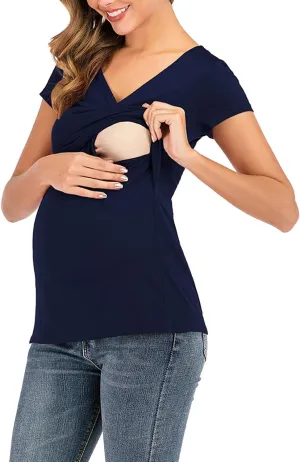 Women's Maternity Solid T-Shirt Short Sleeve Vneck Wrap Cross Nursing Tee Top Pregnancy Shirt Casual Mama Clothes