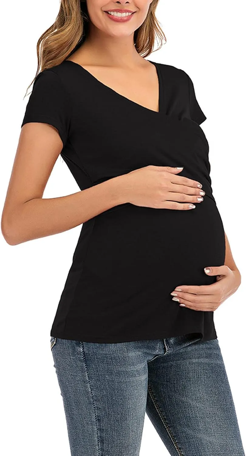 Women's Maternity Solid T-Shirt Short Sleeve Vneck Wrap Cross Nursing Tee Top Pregnancy Shirt Casual Mama Clothes