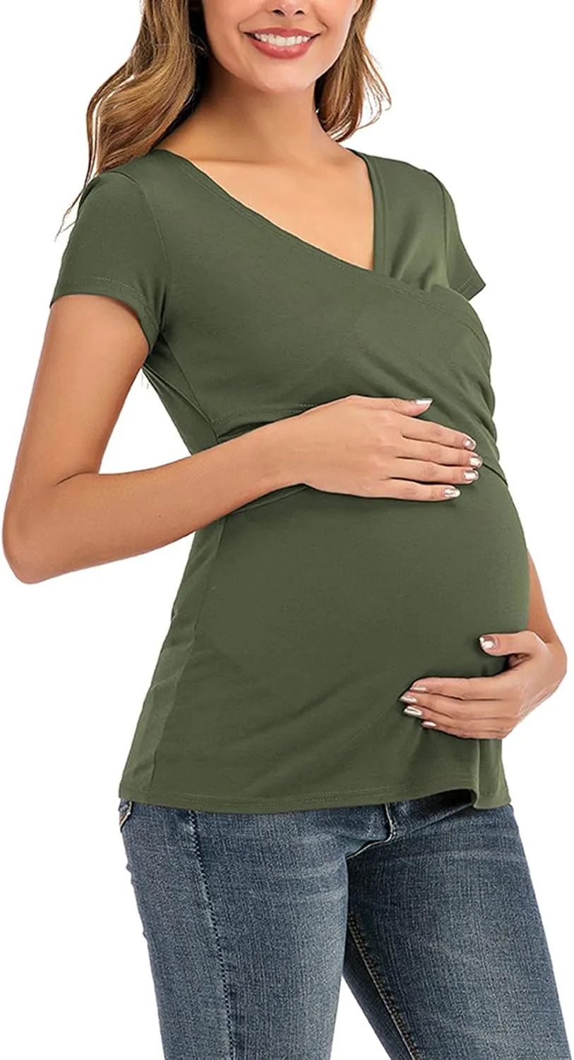 Women's Maternity Solid T-Shirt Short Sleeve Vneck Wrap Cross Nursing Tee Top Pregnancy Shirt Casual Mama Clothes