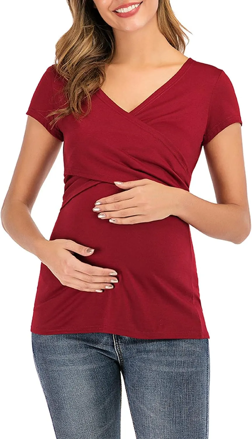 Women's Maternity Solid T-Shirt Short Sleeve Vneck Wrap Cross Nursing Tee Top Pregnancy Shirt Casual Mama Clothes