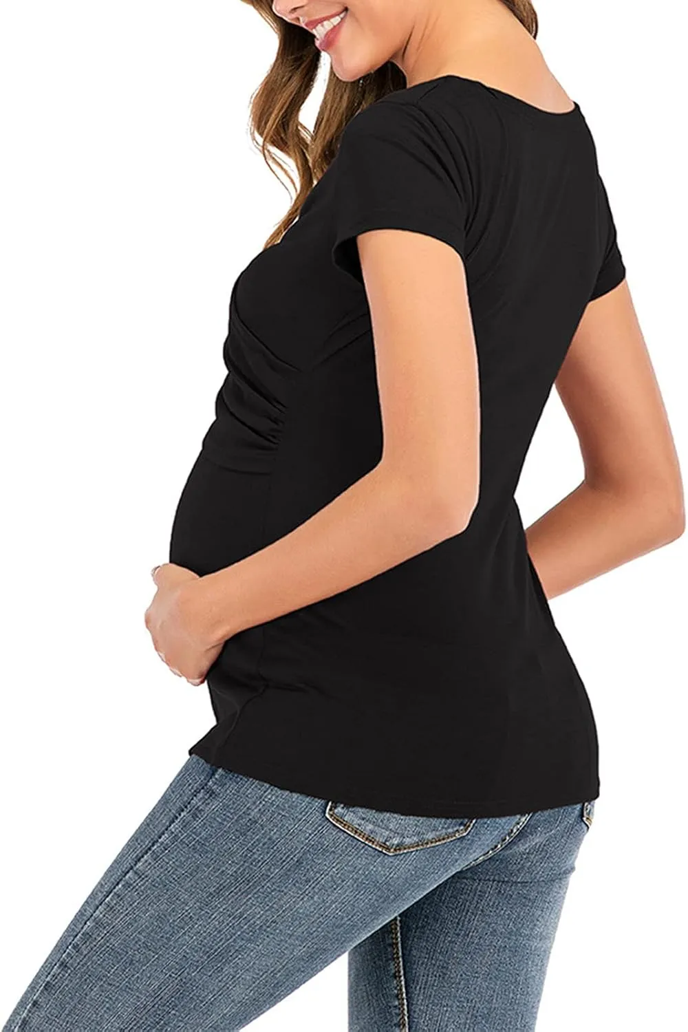Women's Maternity Solid T-Shirt Short Sleeve Vneck Wrap Cross Nursing Tee Top Pregnancy Shirt Casual Mama Clothes