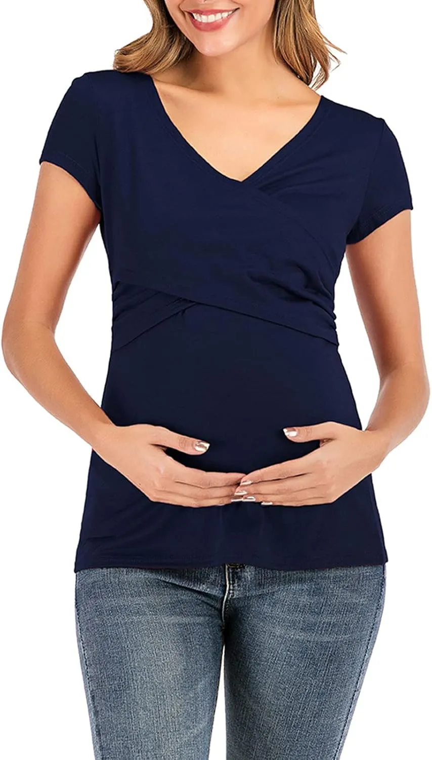 Women's Maternity Solid T-Shirt Short Sleeve Vneck Wrap Cross Nursing Tee Top Pregnancy Shirt Casual Mama Clothes