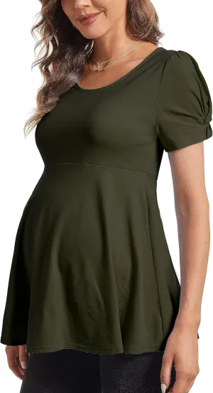 Women's Maternity Tops Short Puff Sleeve Round Neck Shirts Casual Pregnancy Clothes