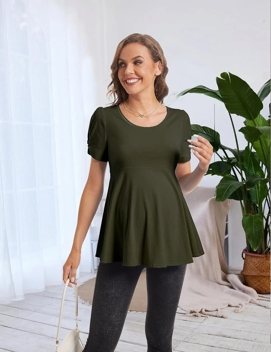 Women's Maternity Tops Short Puff Sleeve Round Neck Shirts Casual Pregnancy Clothes