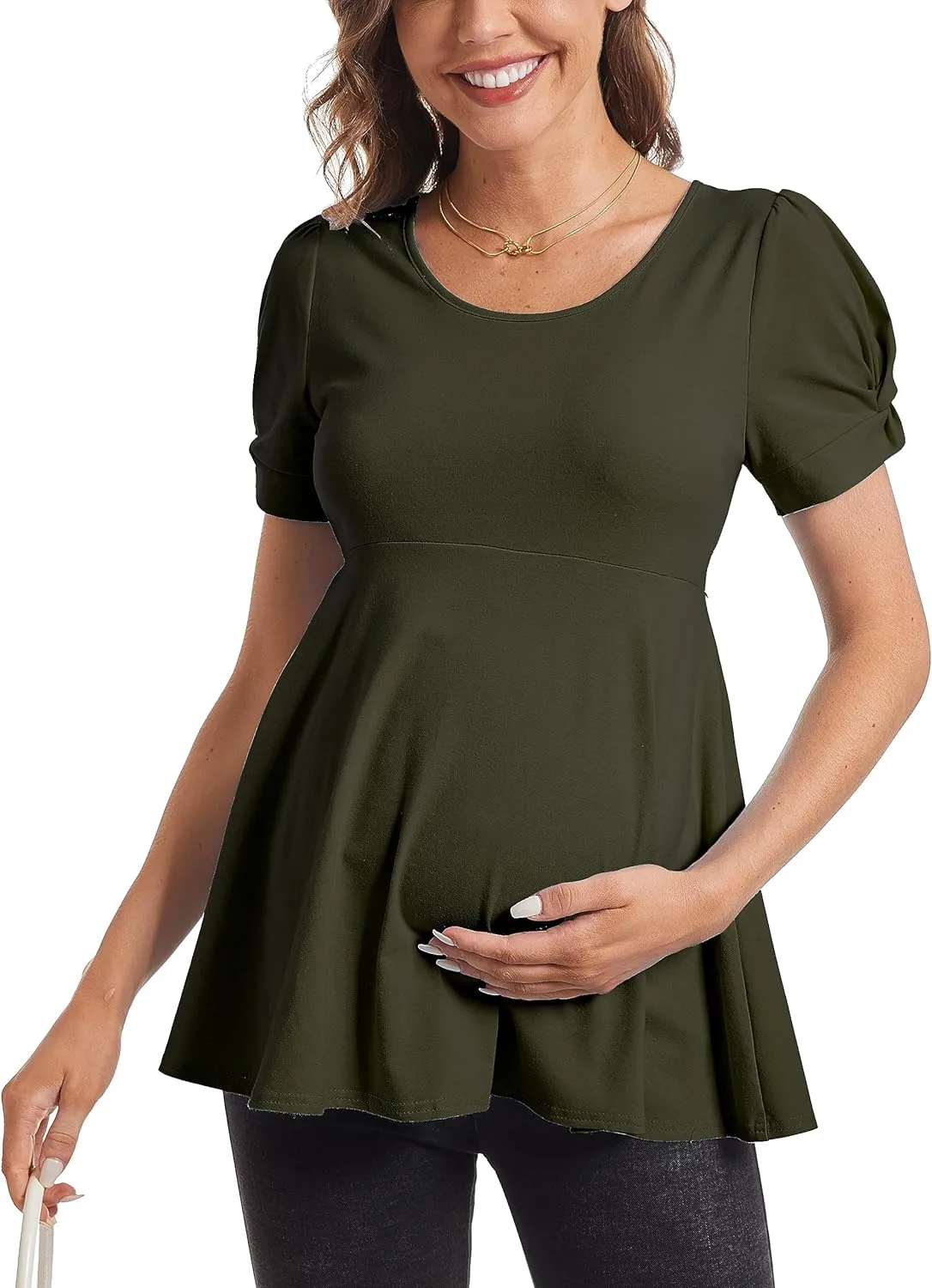 Women's Maternity Tops Short Puff Sleeve Round Neck Shirts Casual Pregnancy Clothes