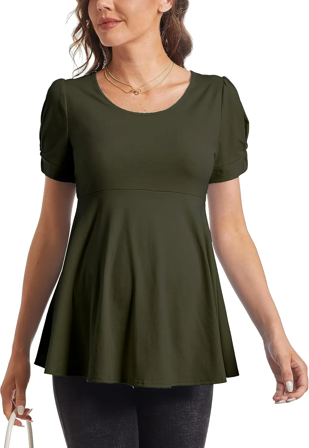 Women's Maternity Tops Short Puff Sleeve Round Neck Shirts Casual Pregnancy Clothes