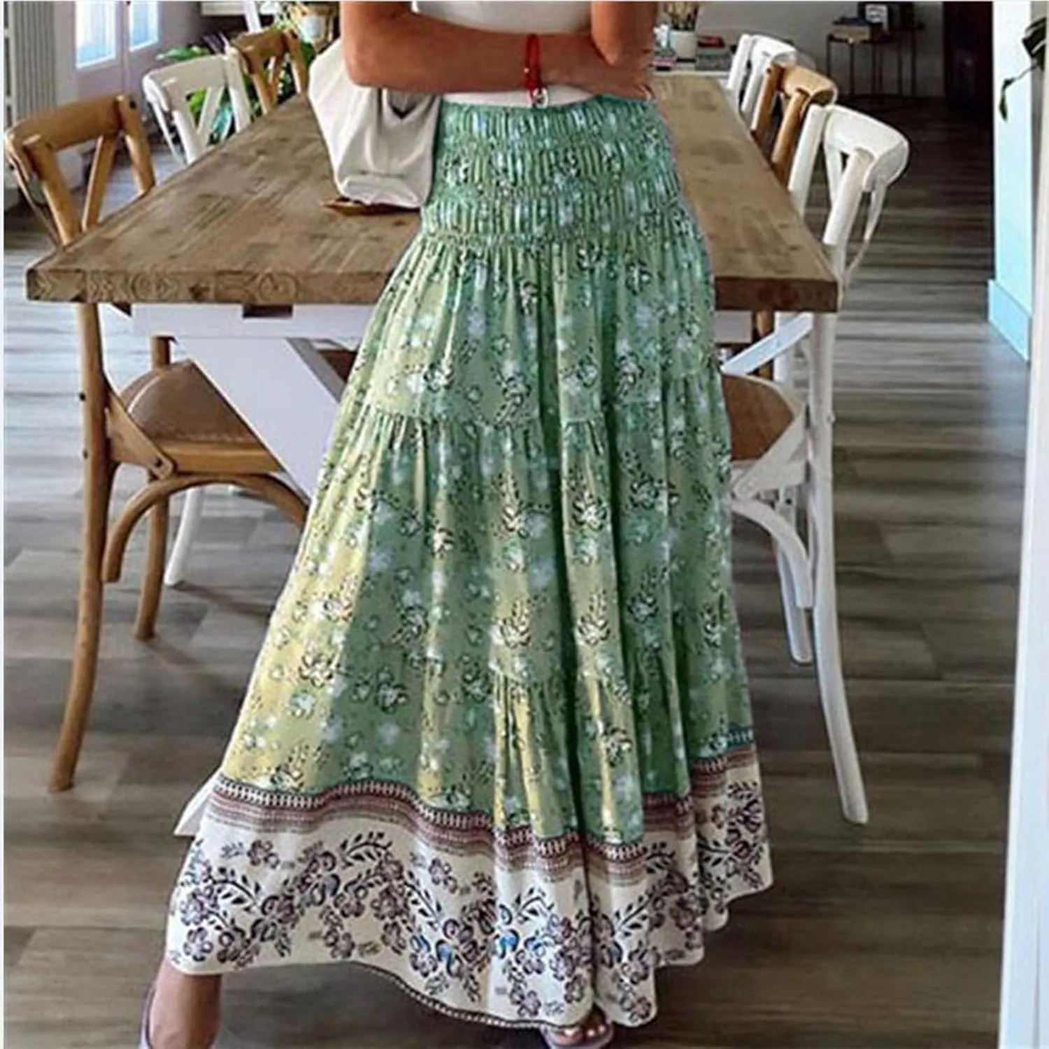Women's Maxi Skirts Summer Tiered Drawstring Elastic High Waisted Skirt Pleated Aline Skirt Casual Flowy Long Skirt