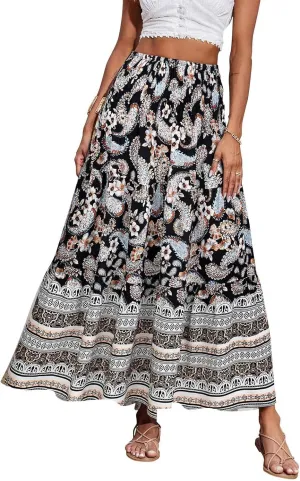 Women's Maxi Skirts Summer Tiered Drawstring Elastic High Waisted Skirt Pleated Aline Skirt Casual Flowy Long Skirt