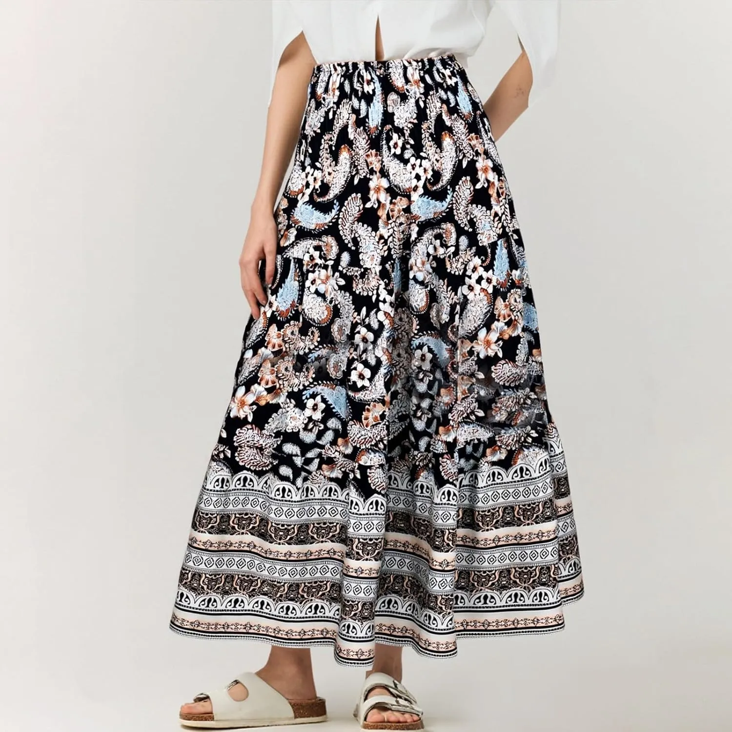 Women's Maxi Skirts Summer Tiered Drawstring Elastic High Waisted Skirt Pleated Aline Skirt Casual Flowy Long Skirt