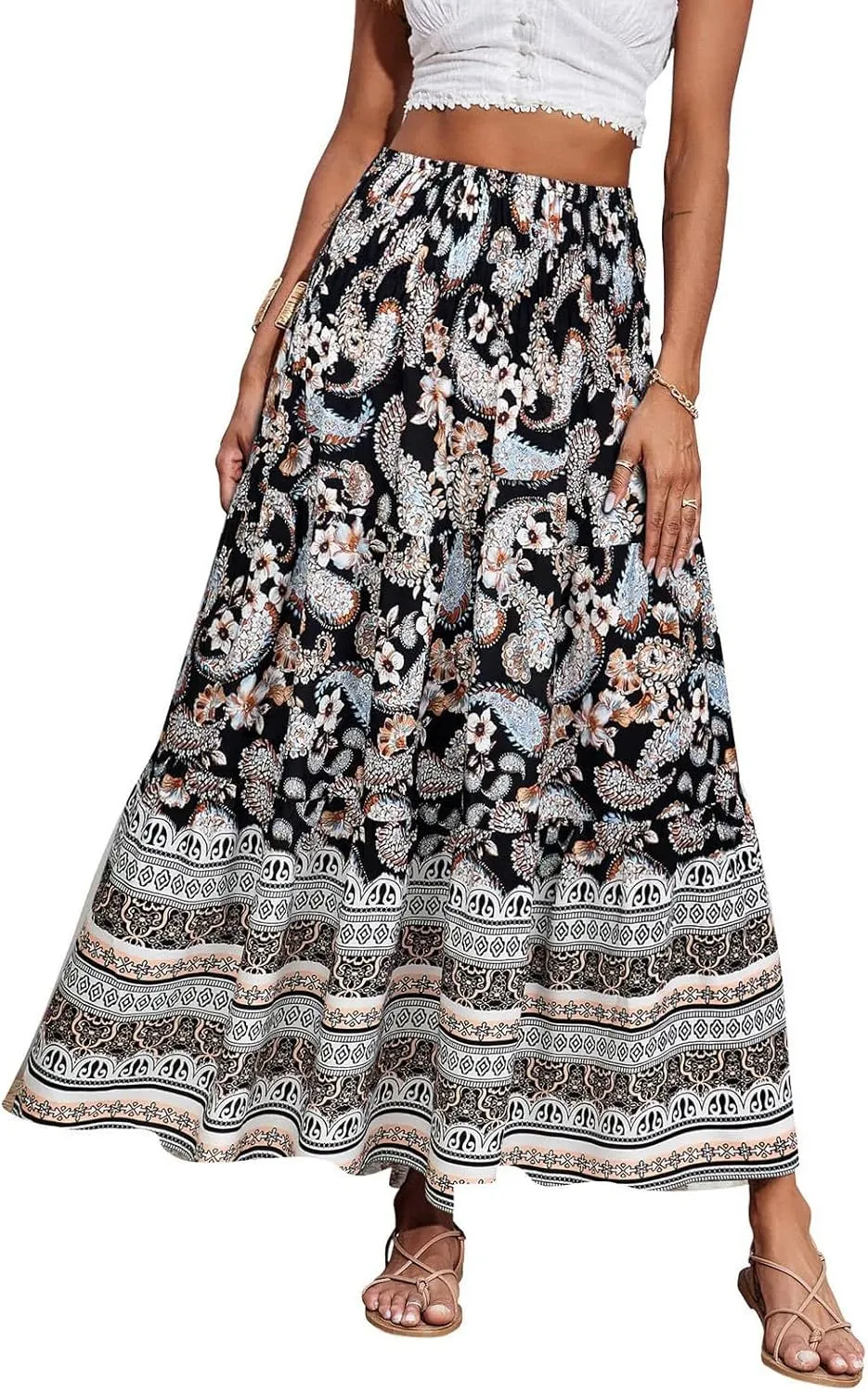 Women's Maxi Skirts Summer Tiered Drawstring Elastic High Waisted Skirt Pleated Aline Skirt Casual Flowy Long Skirt