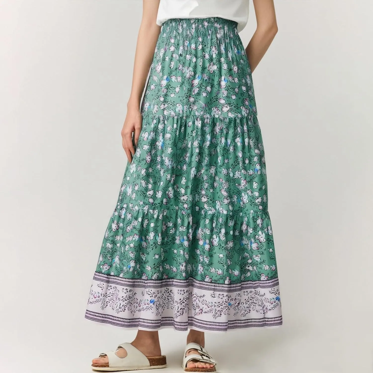 Women's Maxi Skirts Summer Tiered Drawstring Elastic High Waisted Skirt Pleated Aline Skirt Casual Flowy Long Skirt