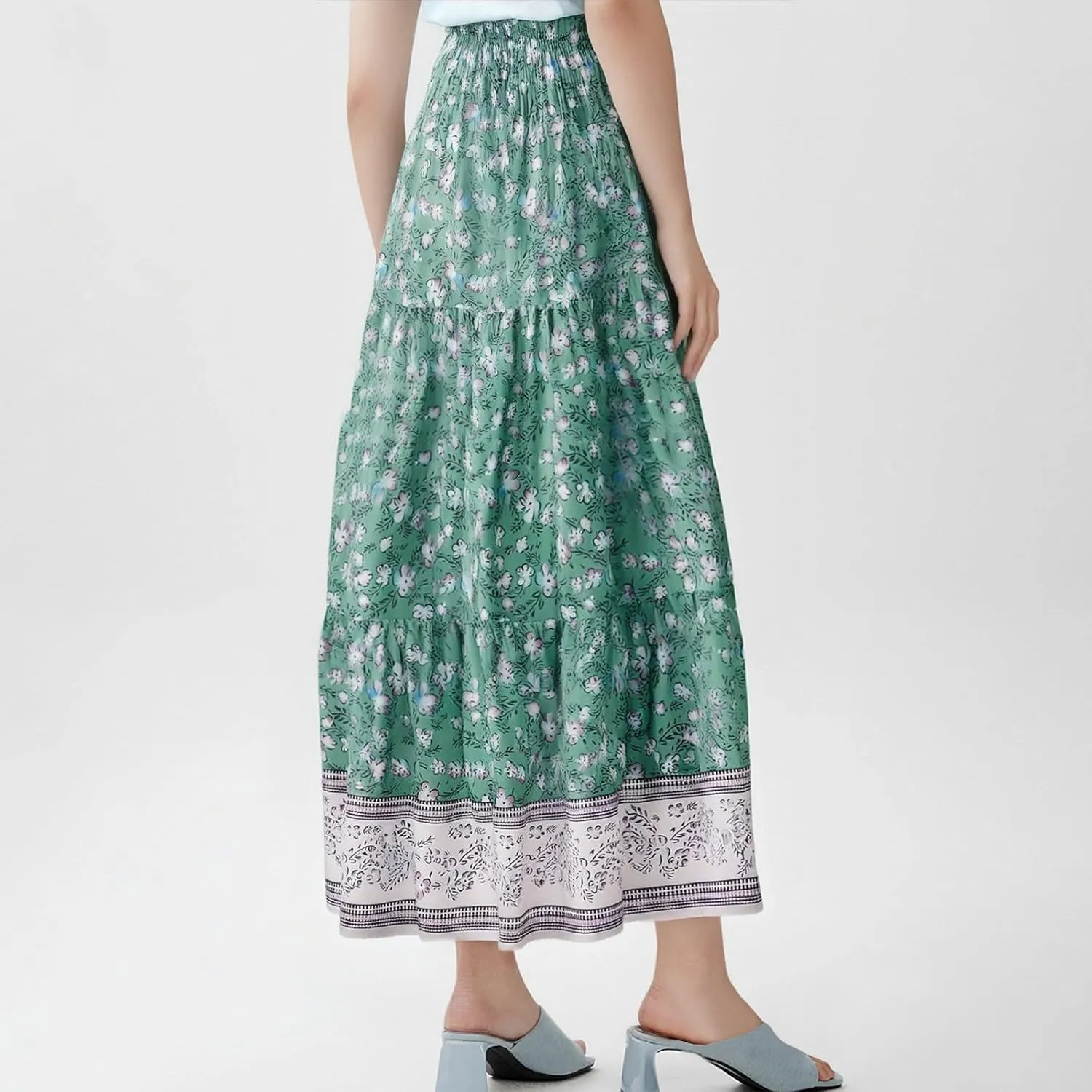Women's Maxi Skirts Summer Tiered Drawstring Elastic High Waisted Skirt Pleated Aline Skirt Casual Flowy Long Skirt