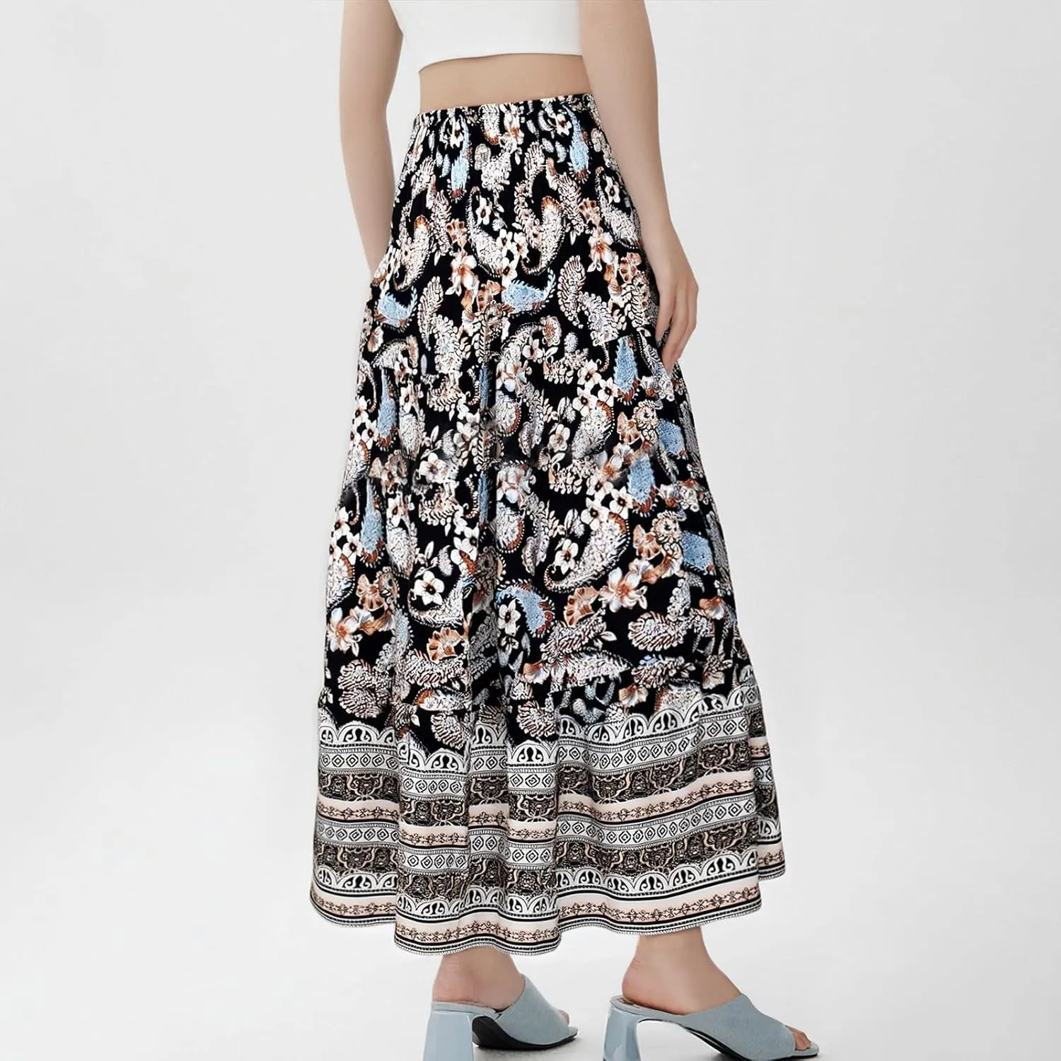 Women's Maxi Skirts Summer Tiered Drawstring Elastic High Waisted Skirt Pleated Aline Skirt Casual Flowy Long Skirt