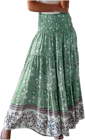 Women's Maxi Skirts Summer Tiered Drawstring Elastic High Waisted Skirt Pleated Aline Skirt Casual Flowy Long Skirt