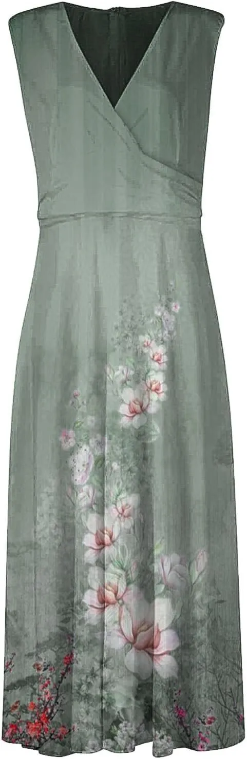 Women's MiniI Dresses 2025 Elegant V Neck Sleeveless Maxi Dress Stylish Flowy Printed Beach Dress V-Neck Summer