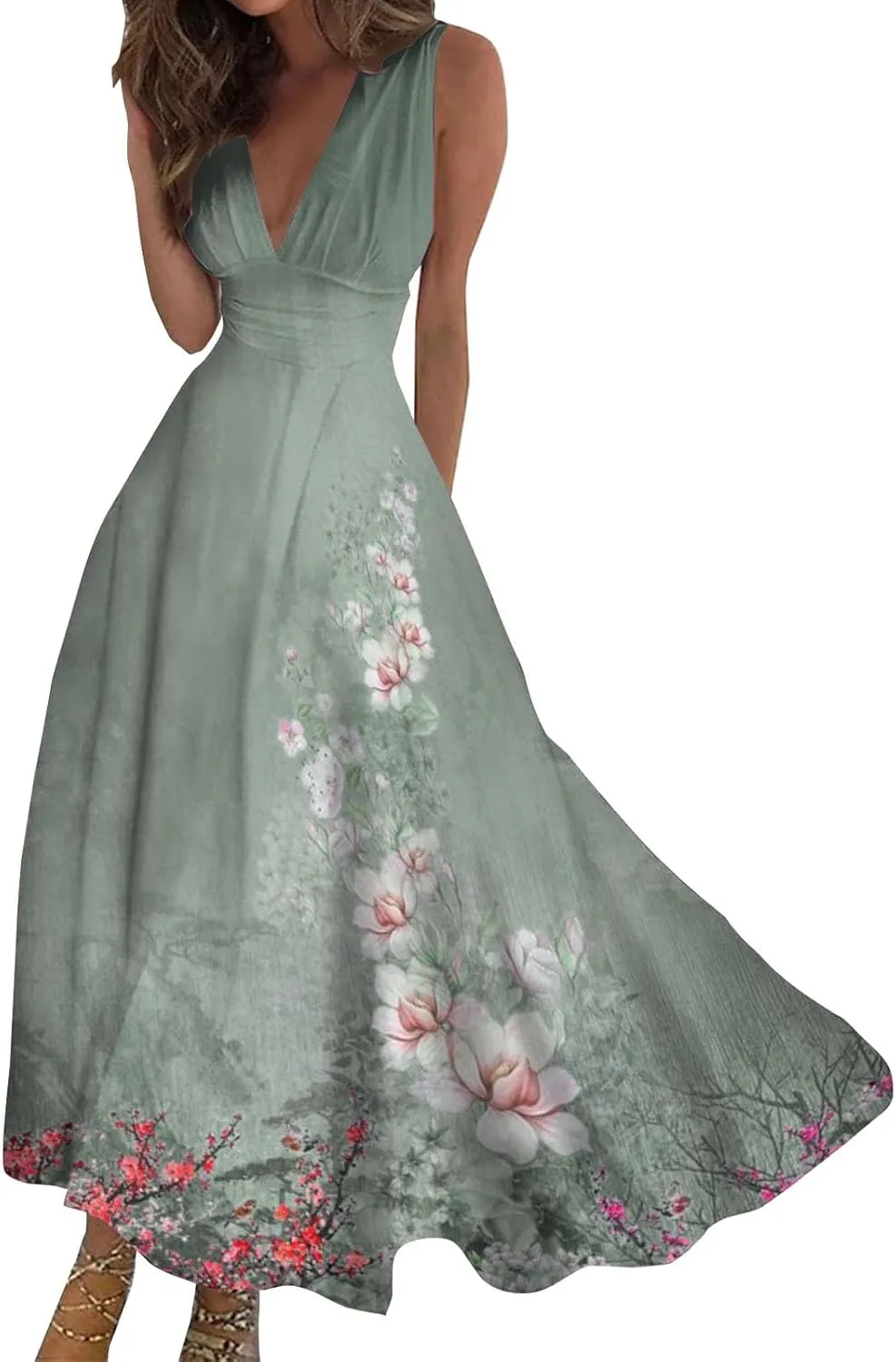 Women's MiniI Dresses 2025 Elegant V Neck Sleeveless Maxi Dress Stylish Flowy Printed Beach Dress V-Neck Summer