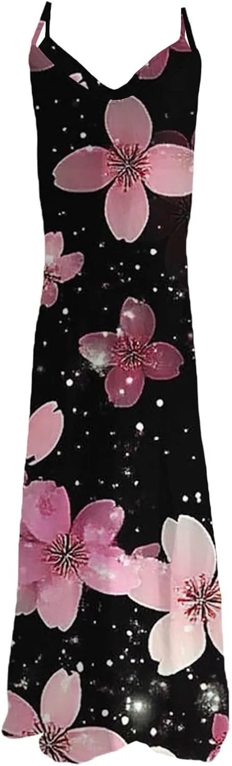 Women's MiniI Dresses Fashion Printed Long Skirt Casual Flower Sleeveless V Sundress Casual Maxi Tunic Tank Dress