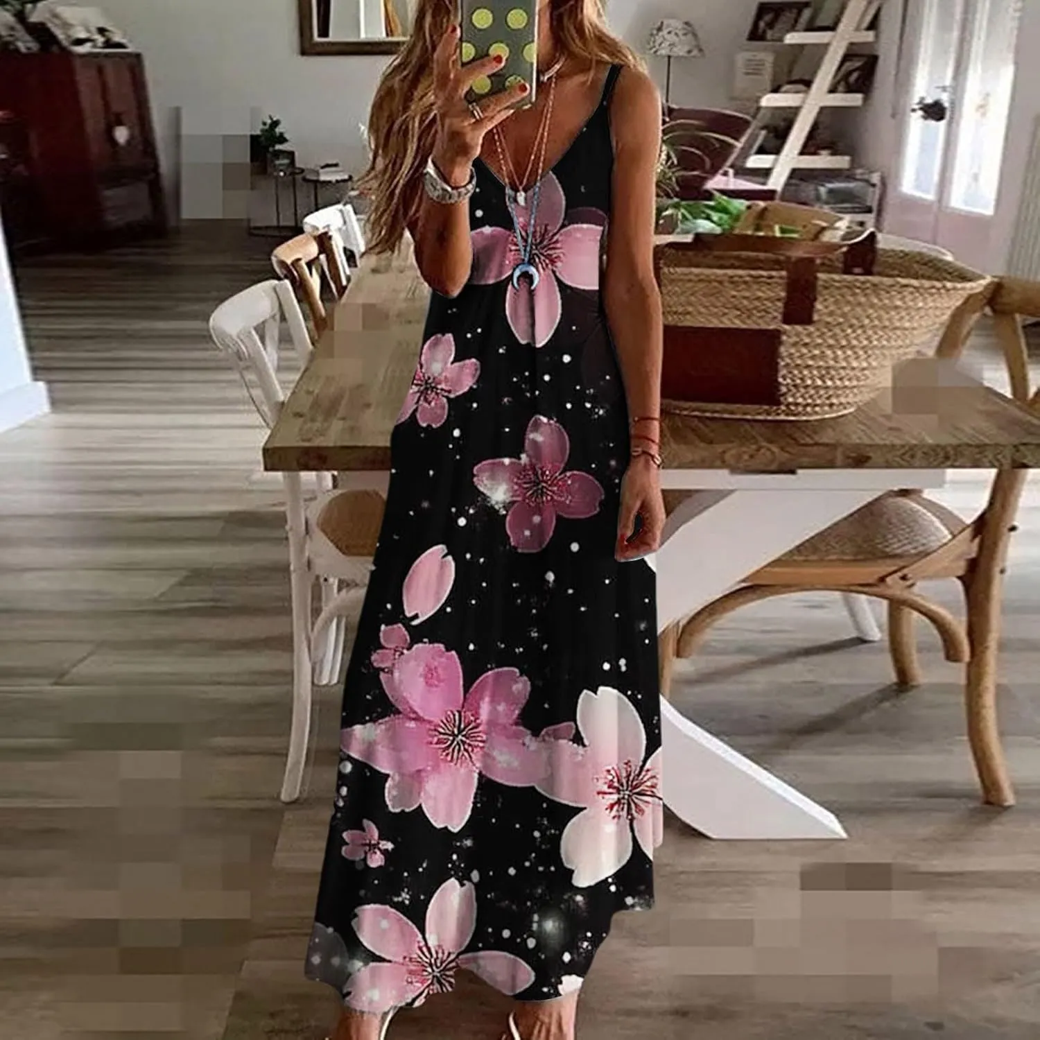 Women's MiniI Dresses Fashion Printed Long Skirt Casual Flower Sleeveless V Sundress Casual Maxi Tunic Tank Dress