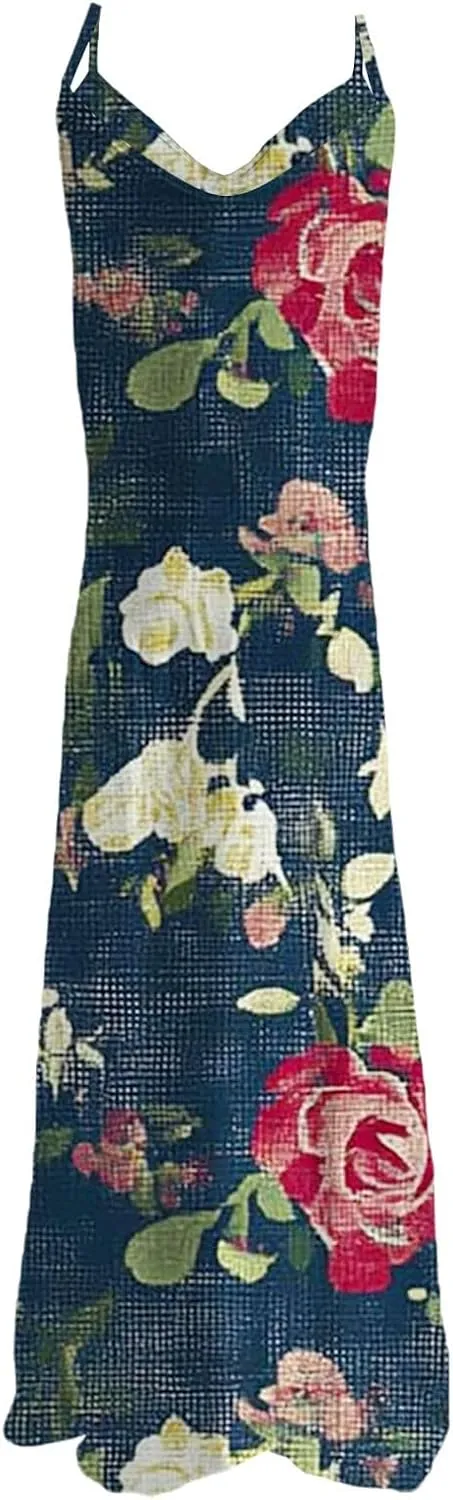 Women's MiniI Dresses Fashion Printed Long Skirt Casual Flower Sleeveless V Sundress Casual Maxi Tunic Tank Dress