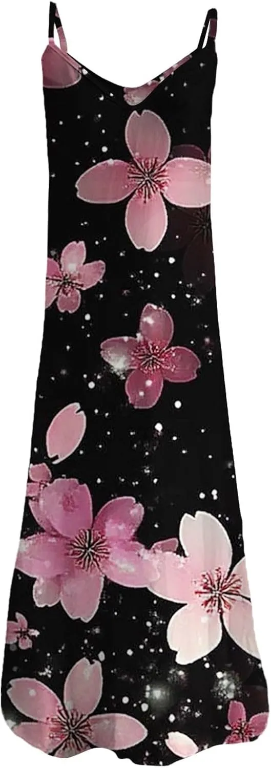 Women's MiniI Dresses Fashion Printed Long Skirt Casual Flower Sleeveless V Sundress Casual Maxi Tunic Tank Dress