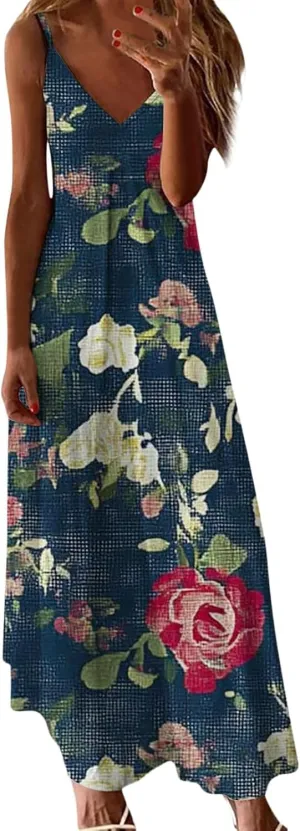 Women's MiniI Dresses Fashion Printed Long Skirt Casual Flower Sleeveless V Sundress Casual Maxi Tunic Tank Dress