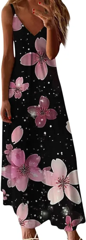 Women's MiniI Dresses Fashion Printed Long Skirt Casual Flower Sleeveless V Sundress Casual Maxi Tunic Tank Dress