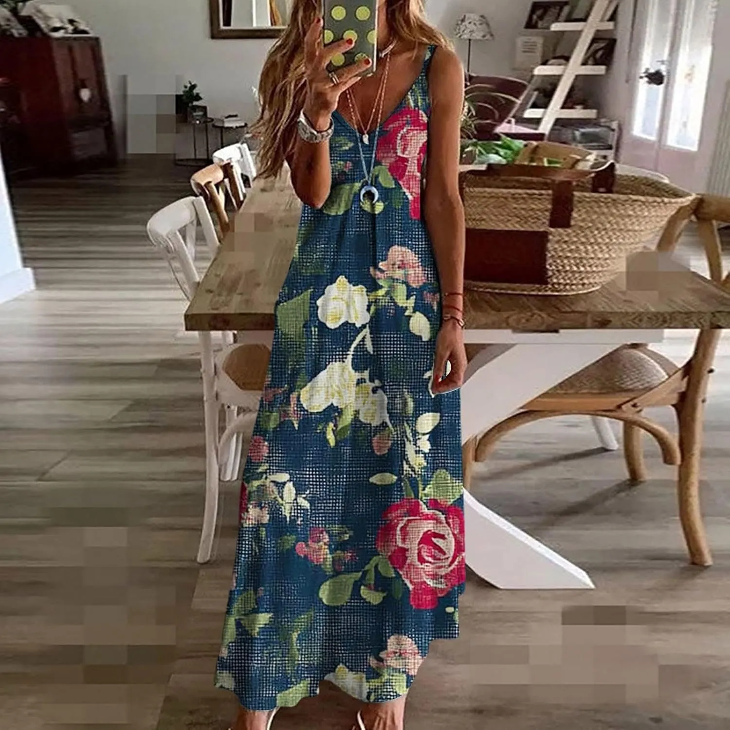 Women's MiniI Dresses Fashion Printed Long Skirt Casual Flower Sleeveless V Sundress Casual Maxi Tunic Tank Dress