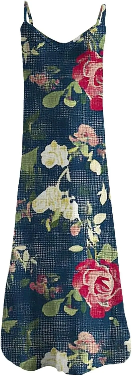 Women's MiniI Dresses Fashion Printed Long Skirt Casual Flower Sleeveless V Sundress Casual Maxi Tunic Tank Dress