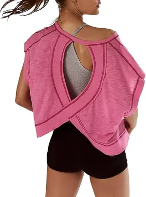Womens Open Back Short Sleeve Workout Tops Backless Athletic T Shirts Yoga Y2k Crop Running Tees