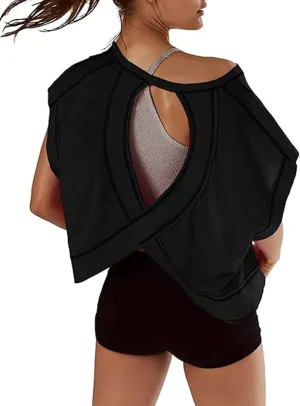 Womens Open Back Short Sleeve Workout Tops Backless Athletic T Shirts Yoga Y2k Crop Running Tees