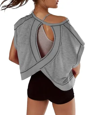 Womens Open Back Short Sleeve Workout Tops Backless Athletic T Shirts Yoga Y2k Crop Running Tees