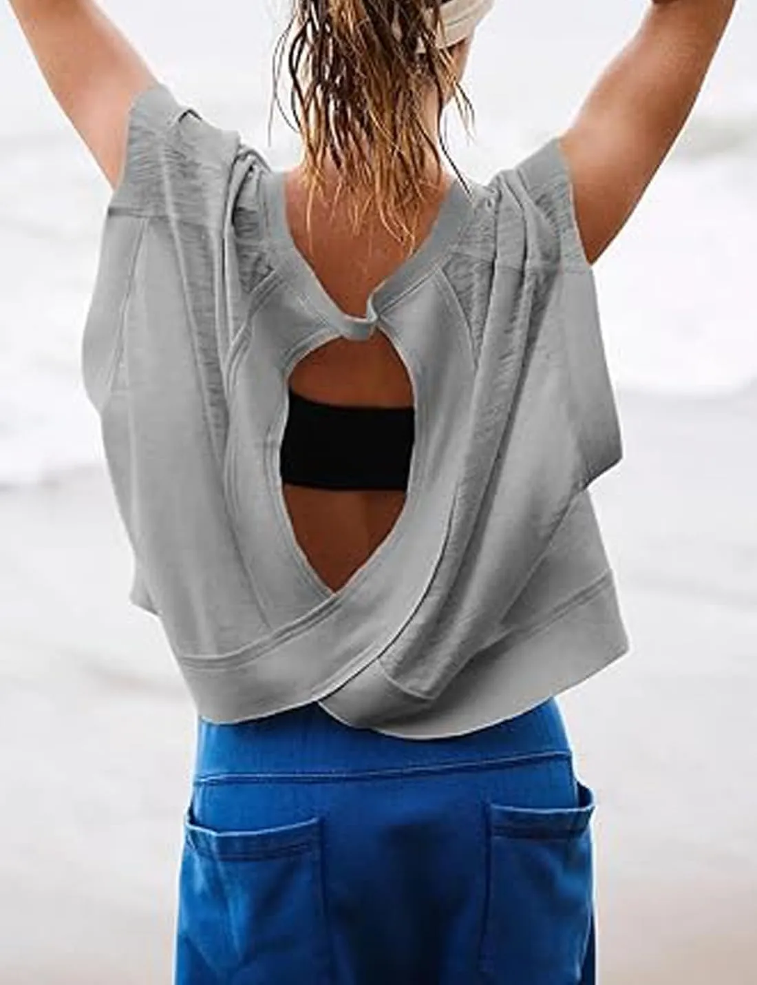 Womens Open Back Short Sleeve Workout Tops Backless Athletic T Shirts Yoga Y2k Crop Running Tees