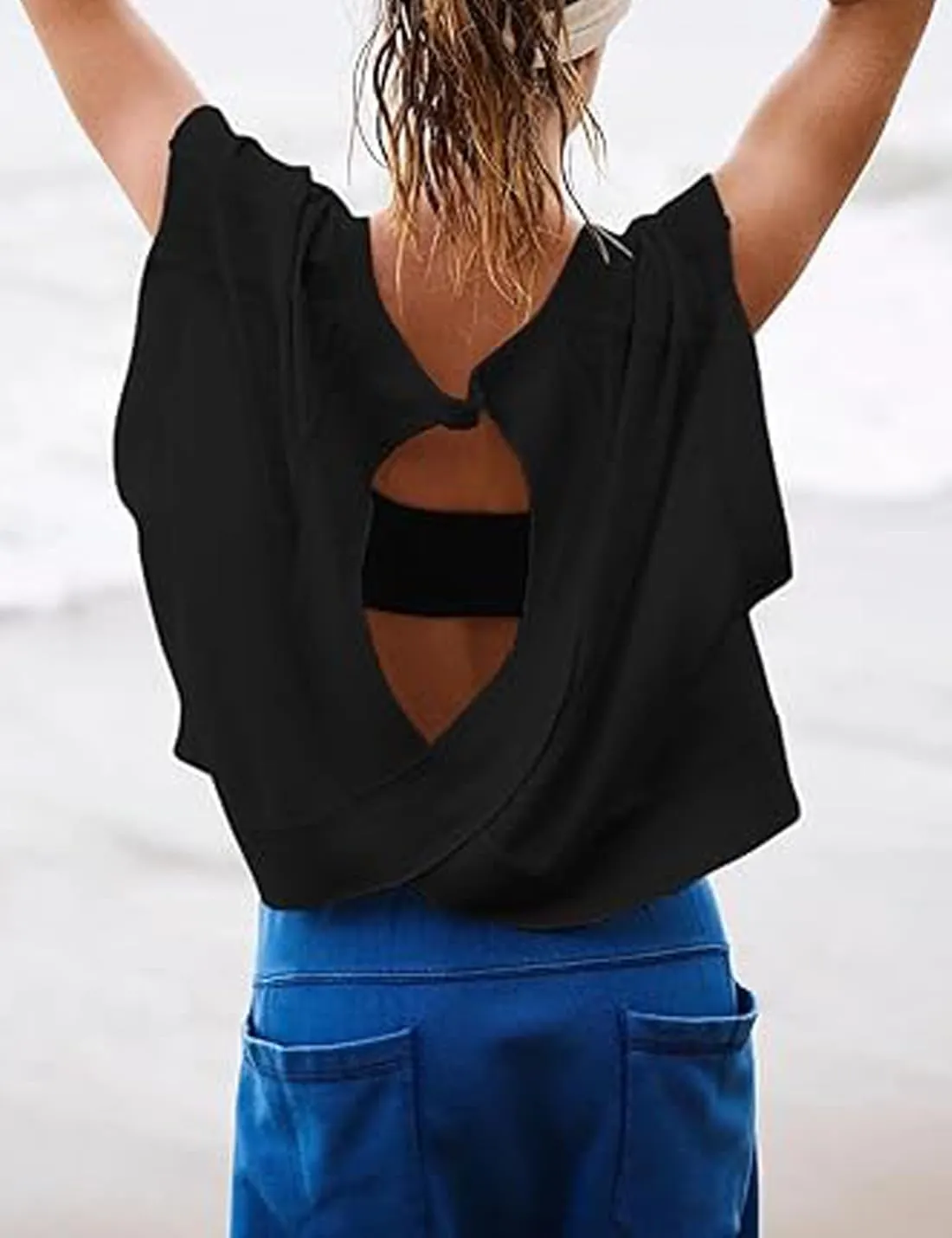 Womens Open Back Short Sleeve Workout Tops Backless Athletic T Shirts Yoga Y2k Crop Running Tees