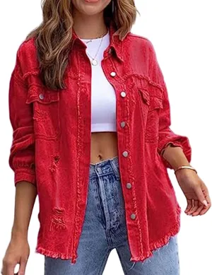 Women's Oversized Denim Jacket Button Up Frayed Hem Shacket Boyfriend Jean Coat Long Sleeve Stretchy Jackets Outfits