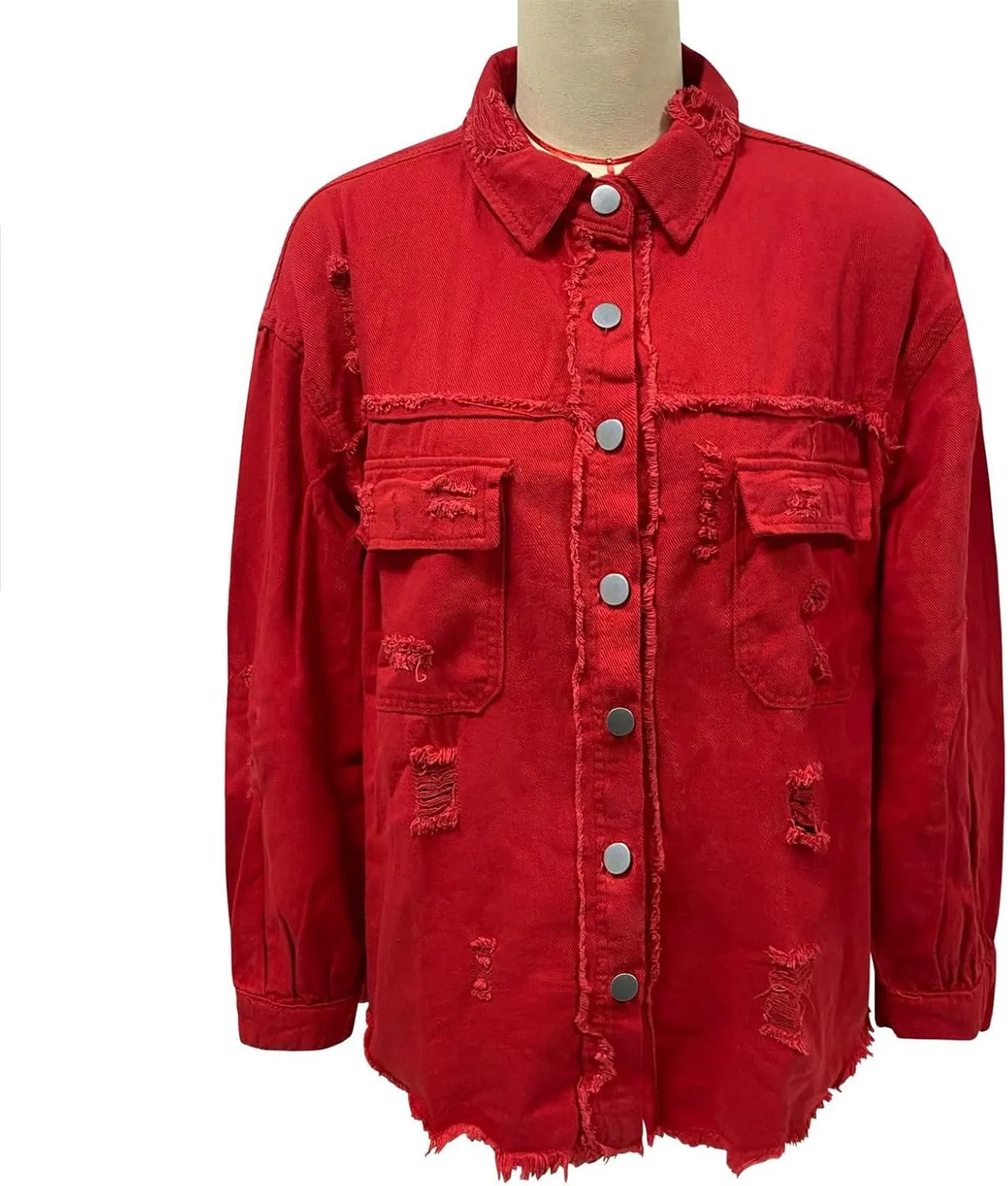 Women's Oversized Denim Jacket Button Up Frayed Hem Shacket Boyfriend Jean Coat Long Sleeve Stretchy Jackets Outfits