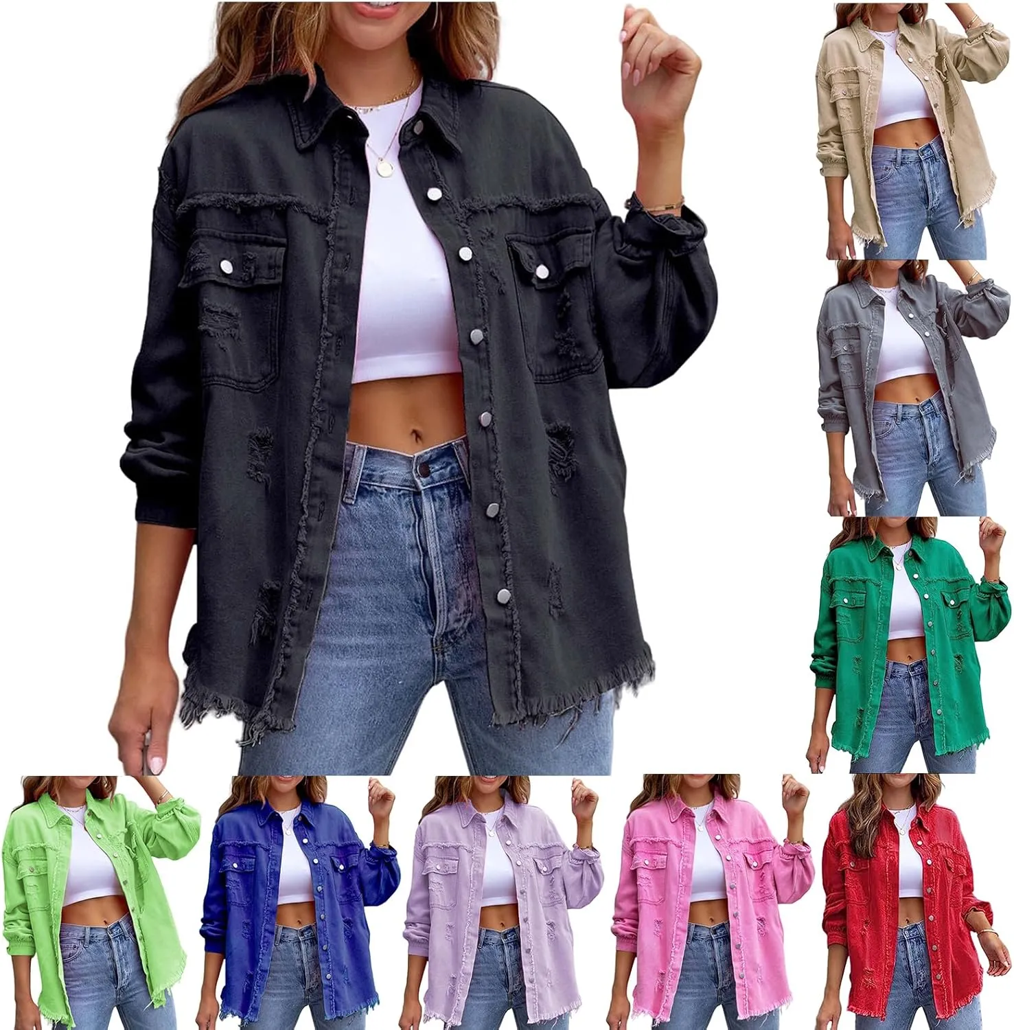Women's Oversized Denim Jacket Button Up Frayed Hem Shacket Boyfriend Jean Coat Long Sleeve Stretchy Jackets Outfits