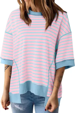Women's Oversized Striped Short Sleeve T-Shirt High Low Hem Color Block Y2K Casual Summer Tee for Women 2025