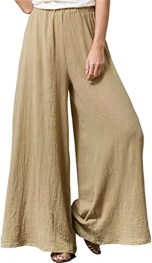 Womens Plus Size Linen Pants Wide Leg Palazzo Trousers High Elastic Waist Flowy Culottes with Pockets L 5XL