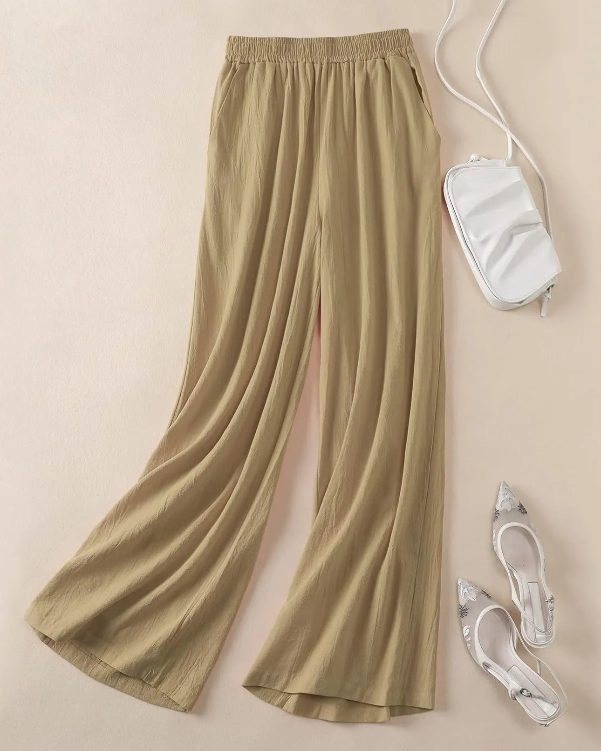Womens Plus Size Linen Pants Wide Leg Palazzo Trousers High Elastic Waist Flowy Culottes with Pockets L 5XL
