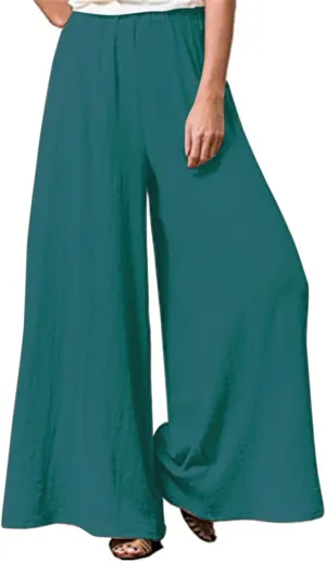 Womens Plus Size Linen Pants Wide Leg Palazzo Trousers High Elastic Waist Flowy Culottes with Pockets L 5XL