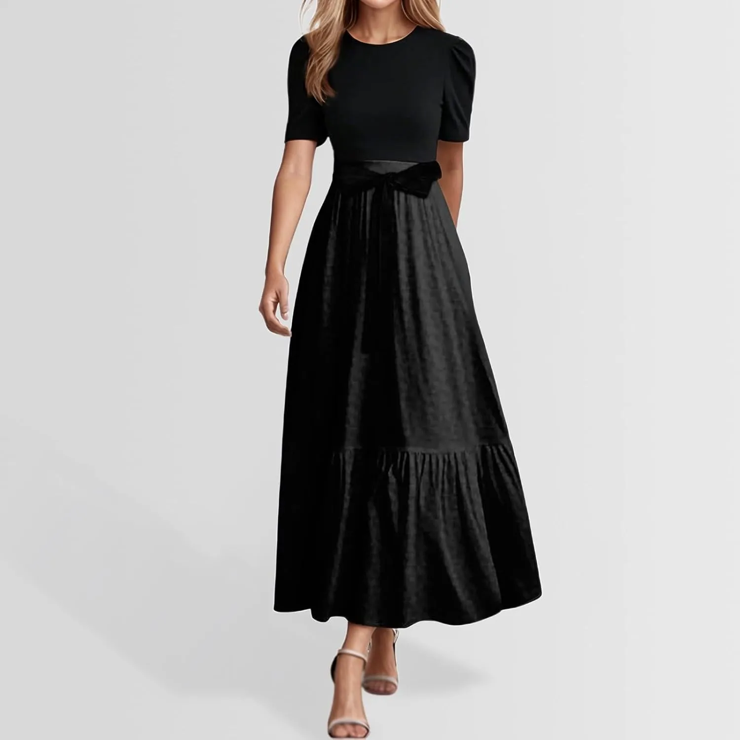 Women's Plus Size Maxi Dress Summer Half Lantern Sleeve Square Neck Smocked Flowy A-Line Elegant Wedding Guest Dresses