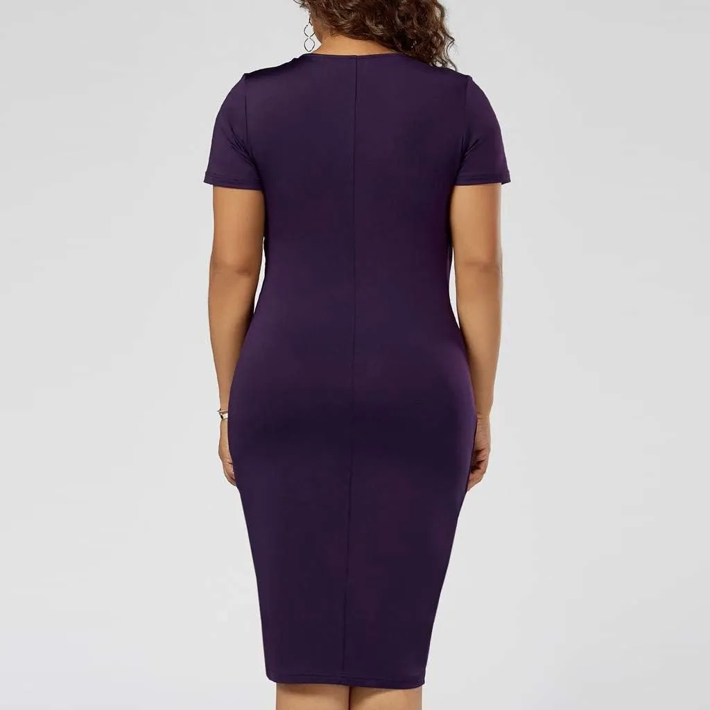 Womens Plus Size Ruched Wrap Dress Pleated Bodycon Midi Casual Party Work Dress