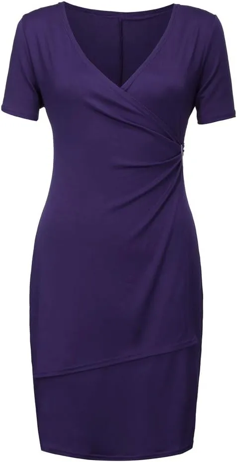 Womens Plus Size Ruched Wrap Dress Pleated Bodycon Midi Casual Party Work Dress
