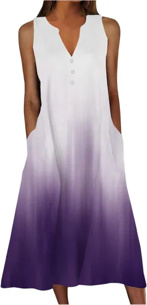 Women's Plus Size Summer Floral Print Casual Dress Vintage Sleeveless Neck V-Neck Long Tank Dress with Pockets