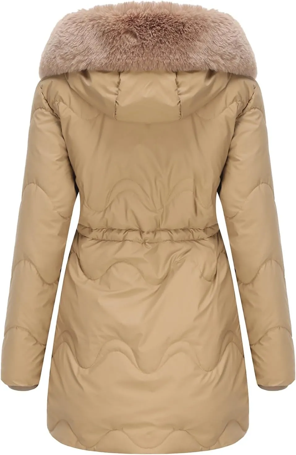 Women's Puffer Jackets Warm Winter Down Coats Long Length Maxi Solid Color Zip Quilted Puffer Jackets with Fur Hood